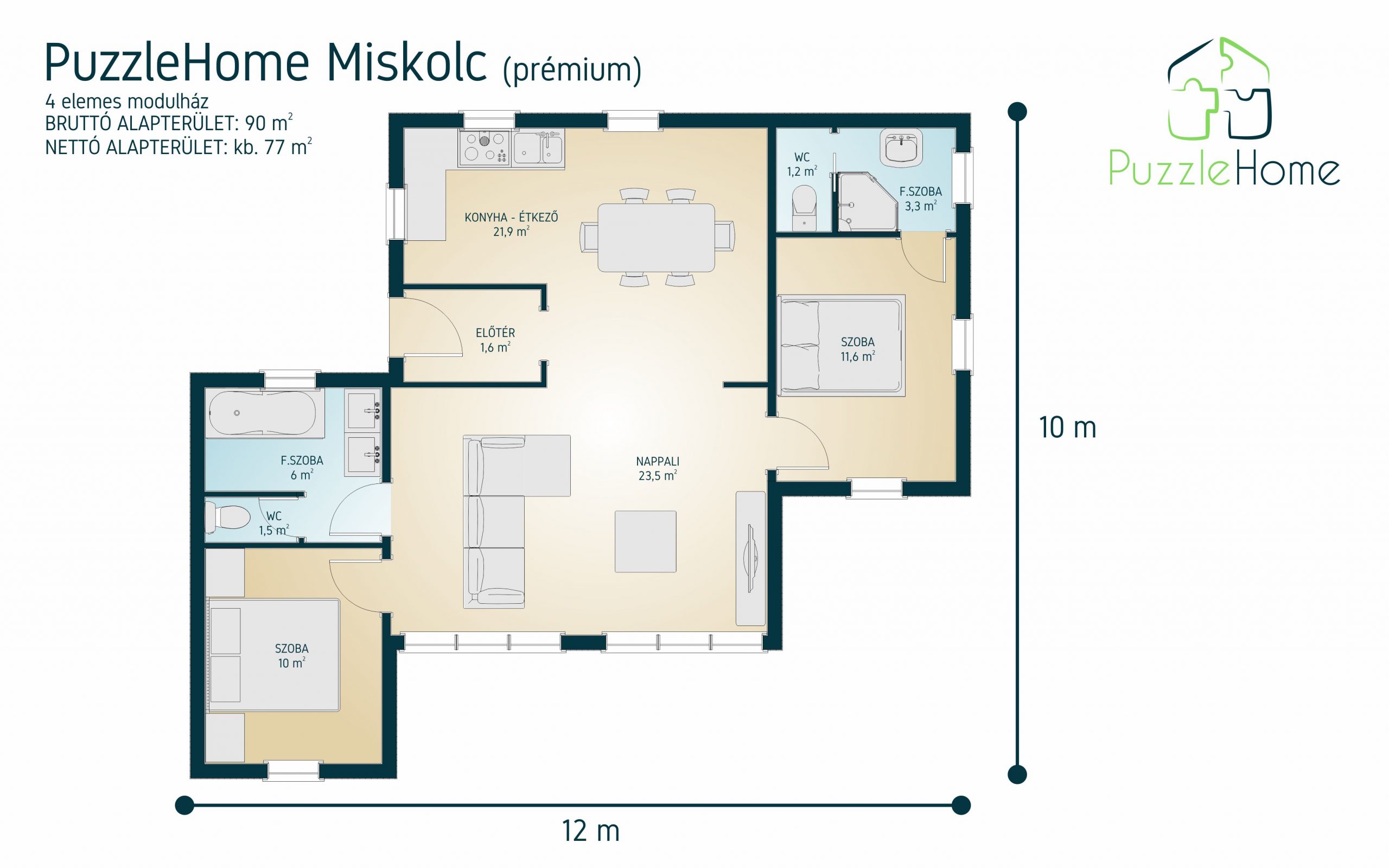 PuzzleHome Miskolc minimál stílusú családi ház típusterv alaprajza