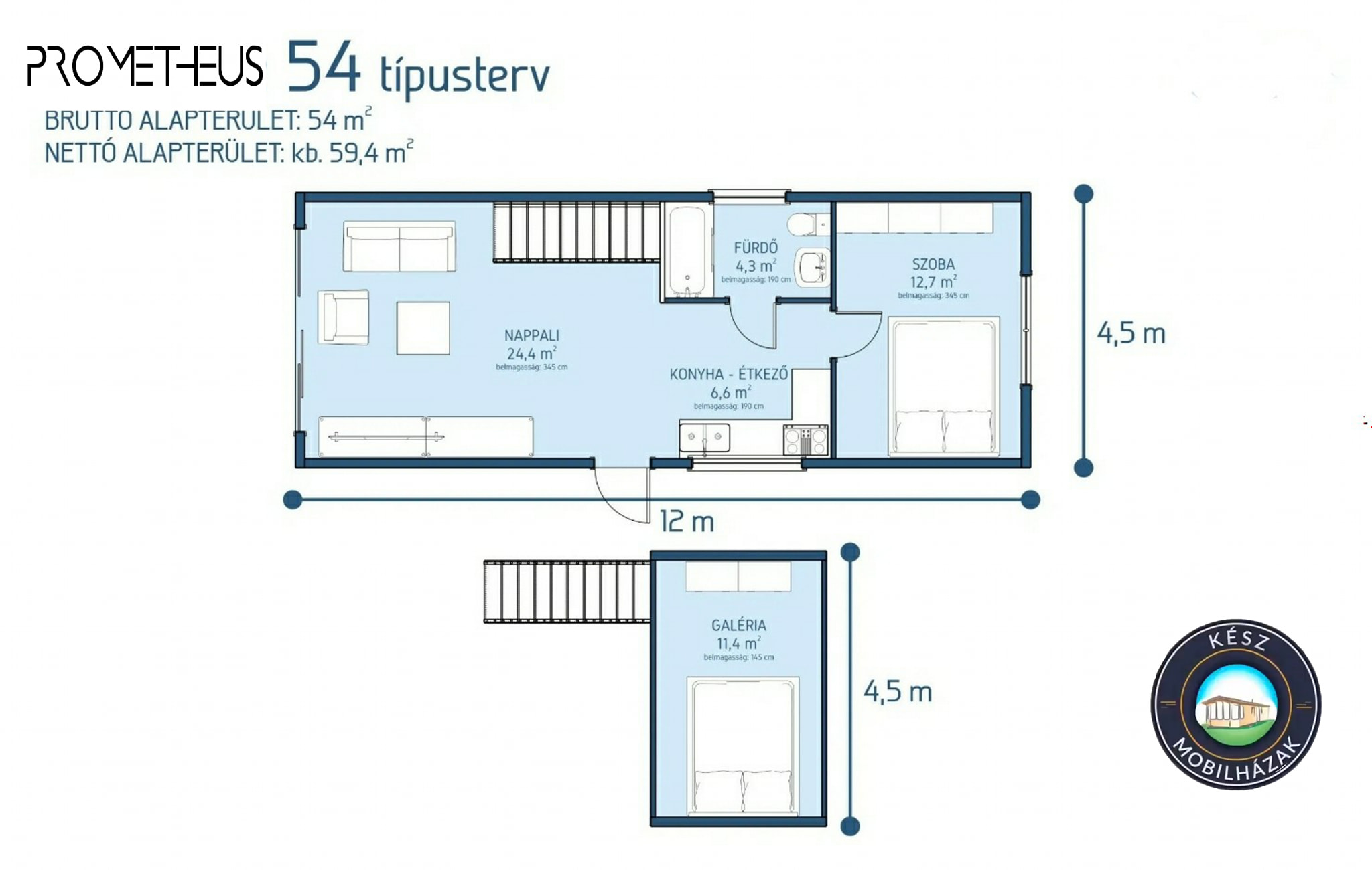 Promethes 54 m²-es modul mobilház alaprajza